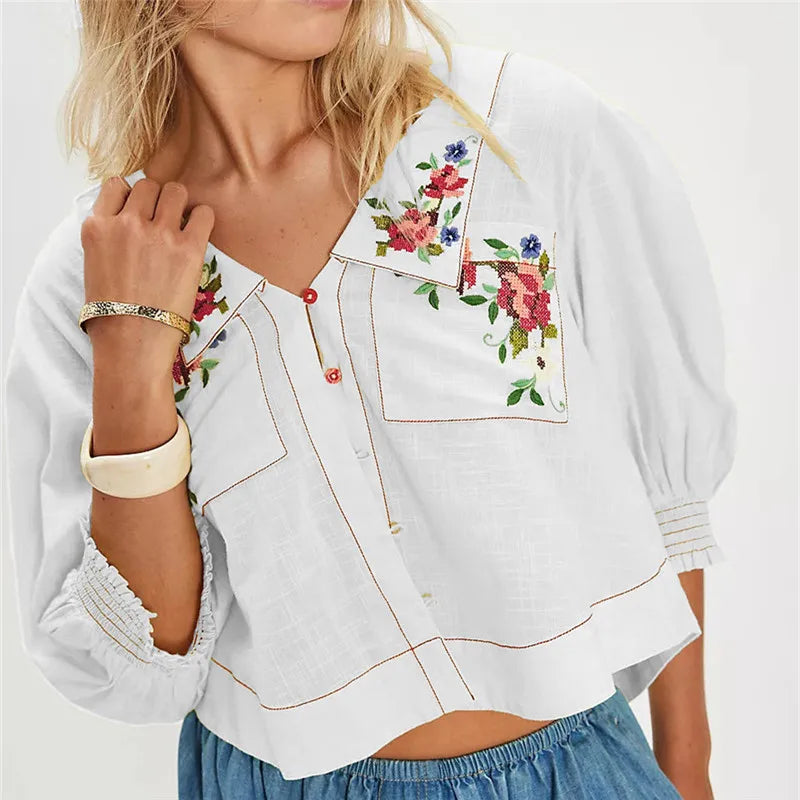 Top corto da donna — misto lino cotone — ricamo floreale — estate