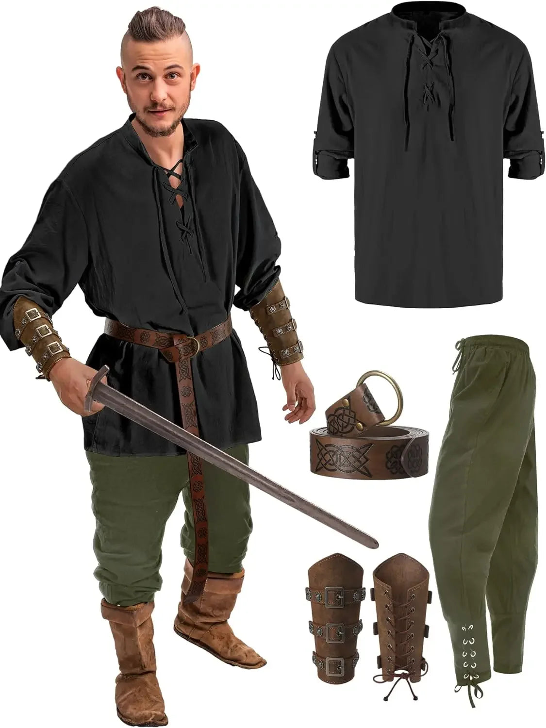 Conjunto masculino medieval de camisa e calça para cosplay de Halloween, com cinto viking