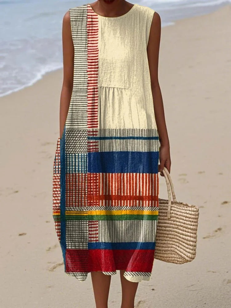 Vestito midi senza maniche con stampa geometrica