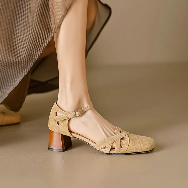 Open Sheepskin Pumps with Block Heel and Square Toe