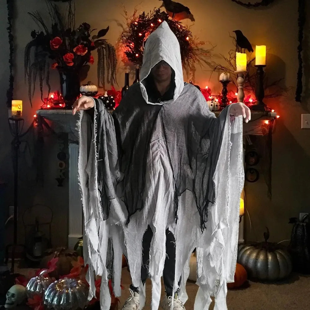 Pelerină mixtă fantomă zdrențuită pentru Halloween, cosplay, cu glugă, costum de groază