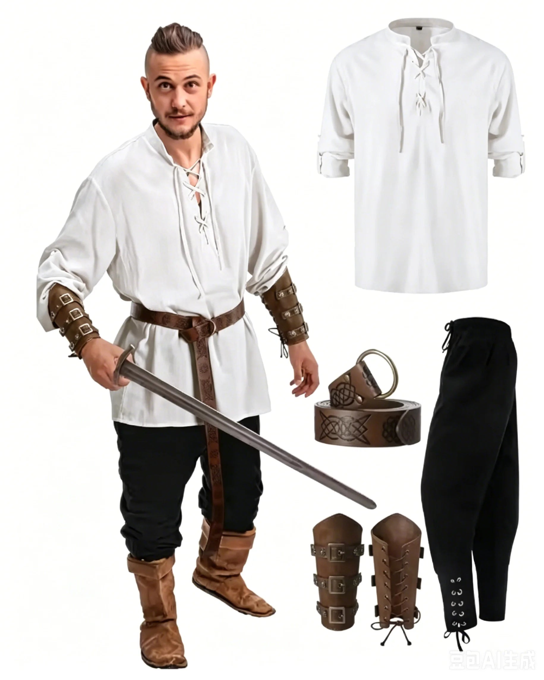 Conjunto masculino medieval de camisa e calça para cosplay de Halloween, com cinto viking