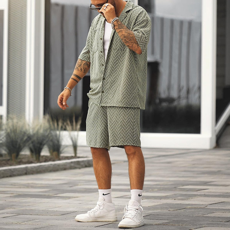 Ensemble d'été pour homme avec chemise à manches courtes et short en polyester