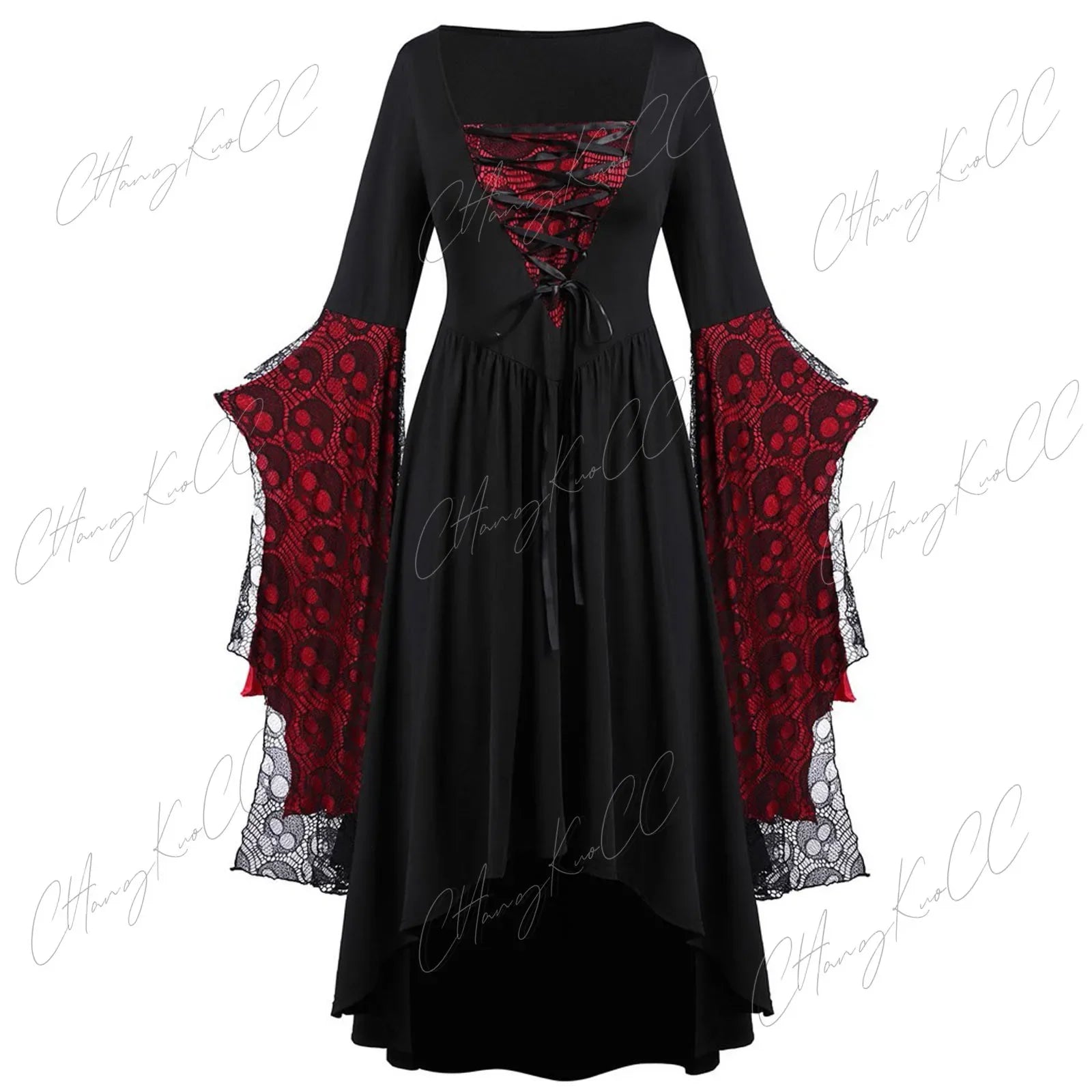 Rochie gotică de vrăjitoare pentru femei, cosplay de Halloween, cu mâneci din dantelă, pentru adulți