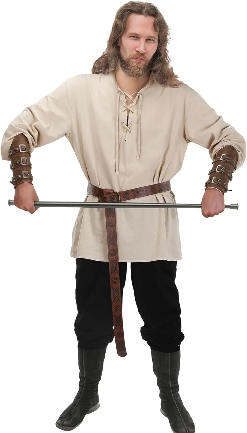 Conjunto masculino medieval de camisa e calça para cosplay de Halloween, com cinto viking