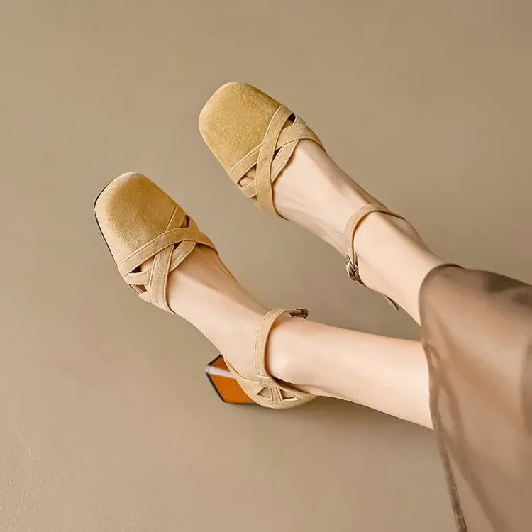 Open Sheepskin Pumps with Block Heel and Square Toe