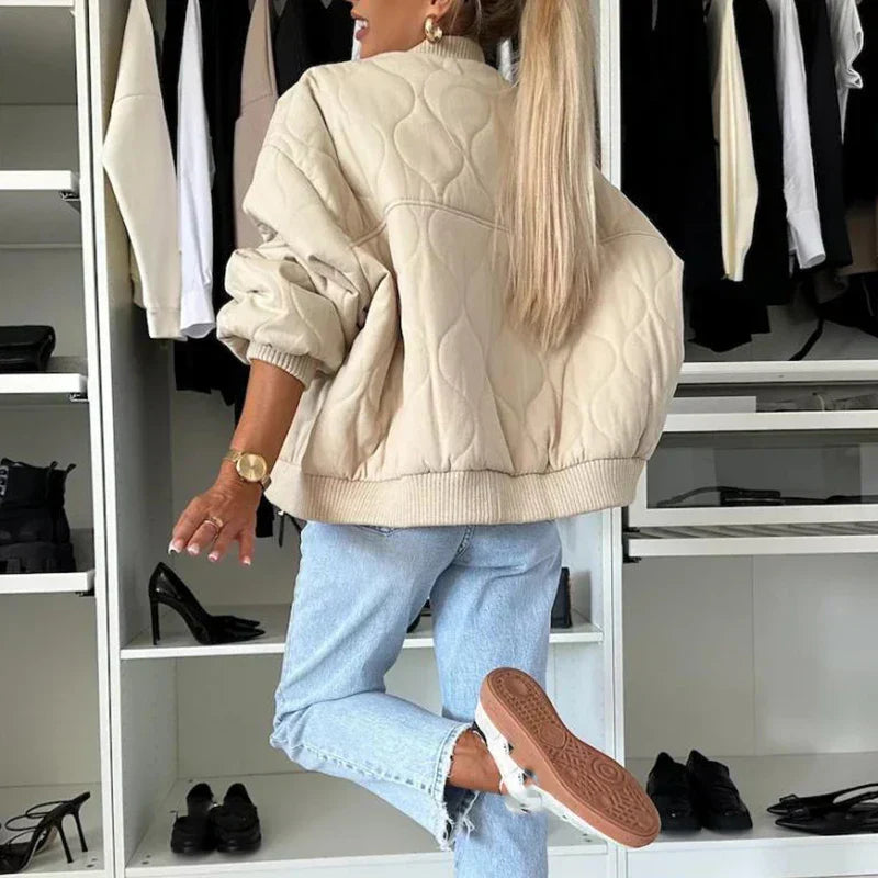 Blouson Bomber Matelassé avec Fermeture Éclair et Boutons pour Femme