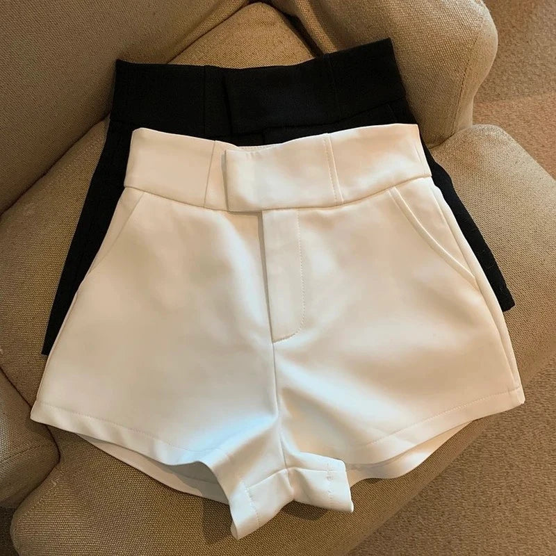 Short en Toile à Taille Haute et Coupe Droite Élégant avec Plis Plaqués pour Femme