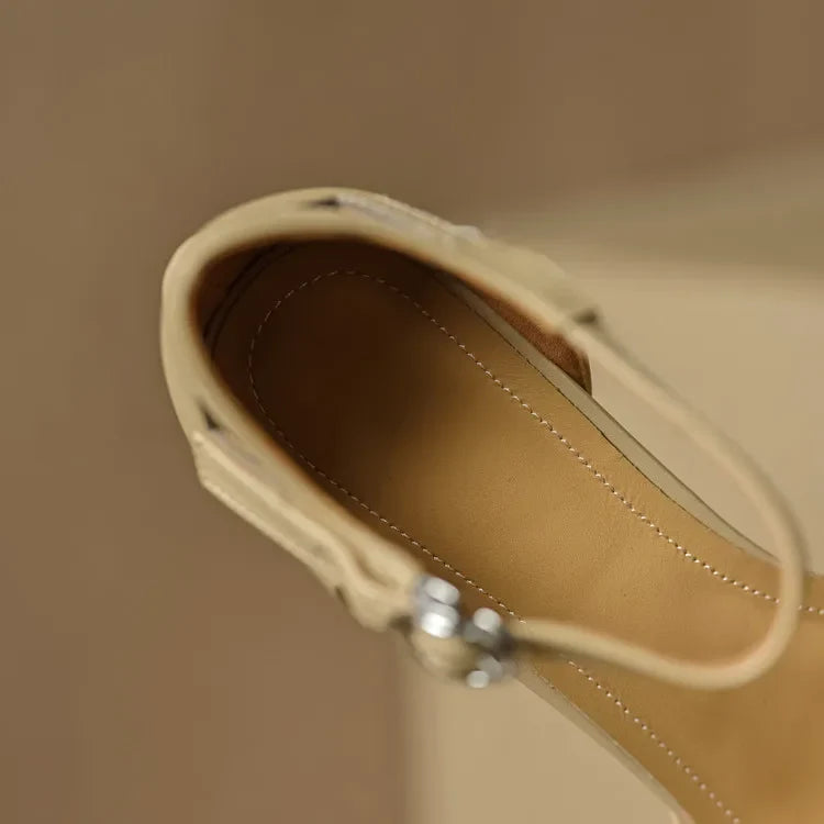 Open Sheepskin Pumps with Block Heel and Square Toe