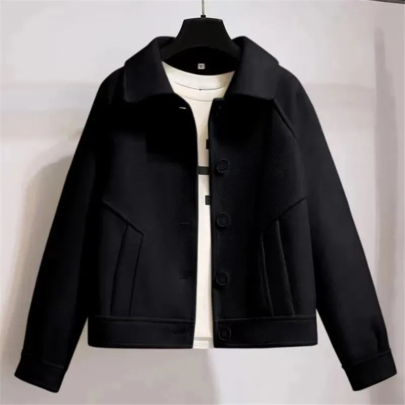 Veste Courte en Mélange de Laine avec Col Classique et Boutons pour Femme