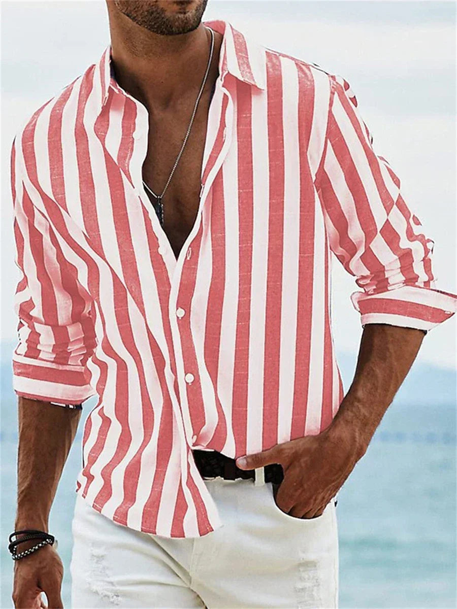 Camisa Masculina Listrada Vertical com Botões e Mangas Longas