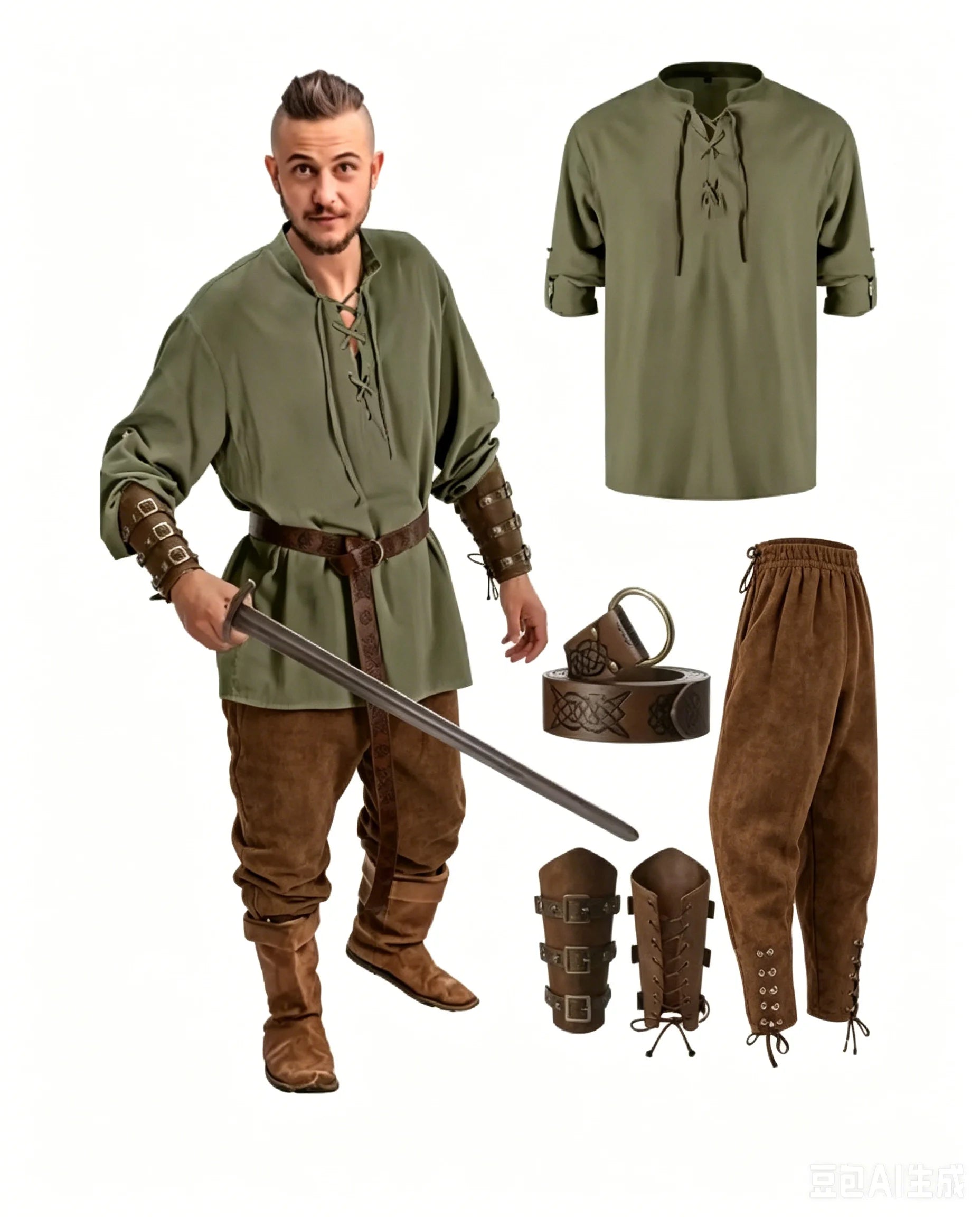 Conjunto masculino medieval de camisa e calça para cosplay de Halloween, com cinto viking