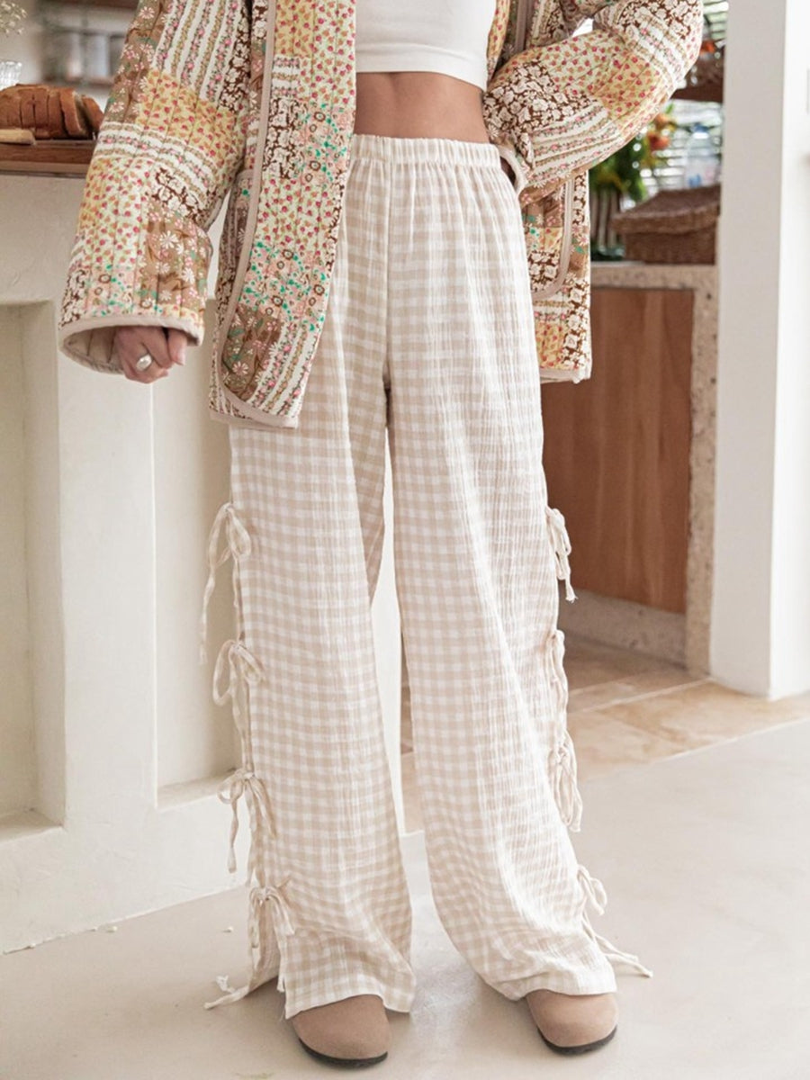 Pantalon Large à Imprimé Carreaux avec Lacets Latéraux et Taille Élastique pour Femme