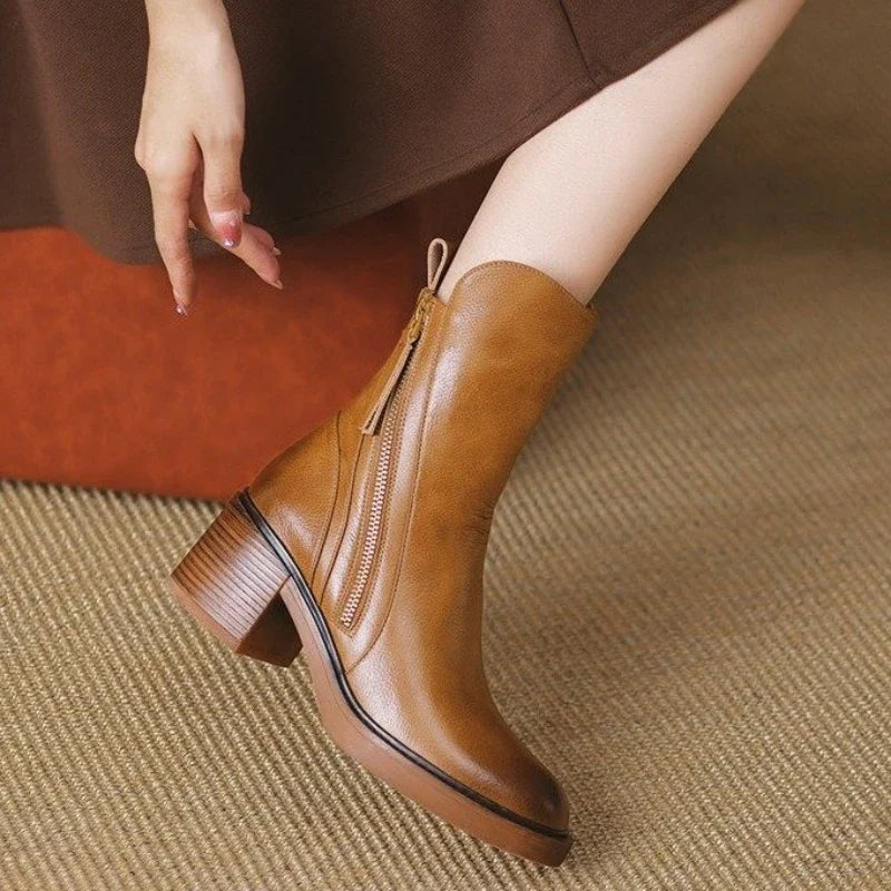 Botinas femininas de salto para a noite, couro, zíper metálico, sola antiderrapante, conforto