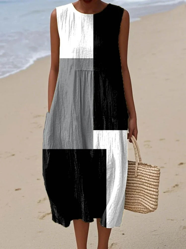 Vestito midi senza maniche con stampa geometrica