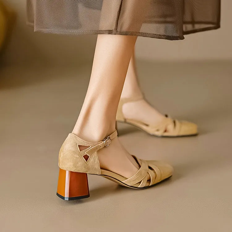 Open Sheepskin Pumps with Block Heel and Square Toe