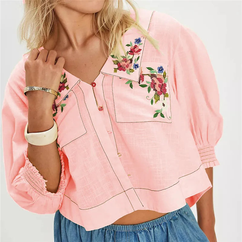 Top corto da donna — misto lino cotone — ricamo floreale — estate