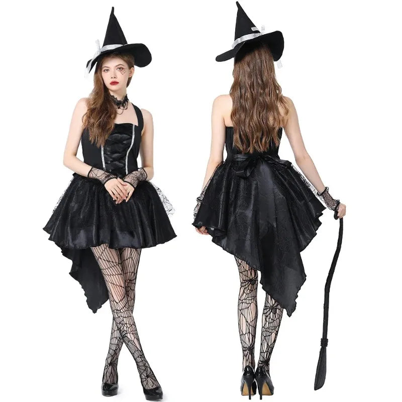 Dámské čarodějnické šaty s kloboukem na Halloween, cosplay, karneval a kostým pro dospělé
