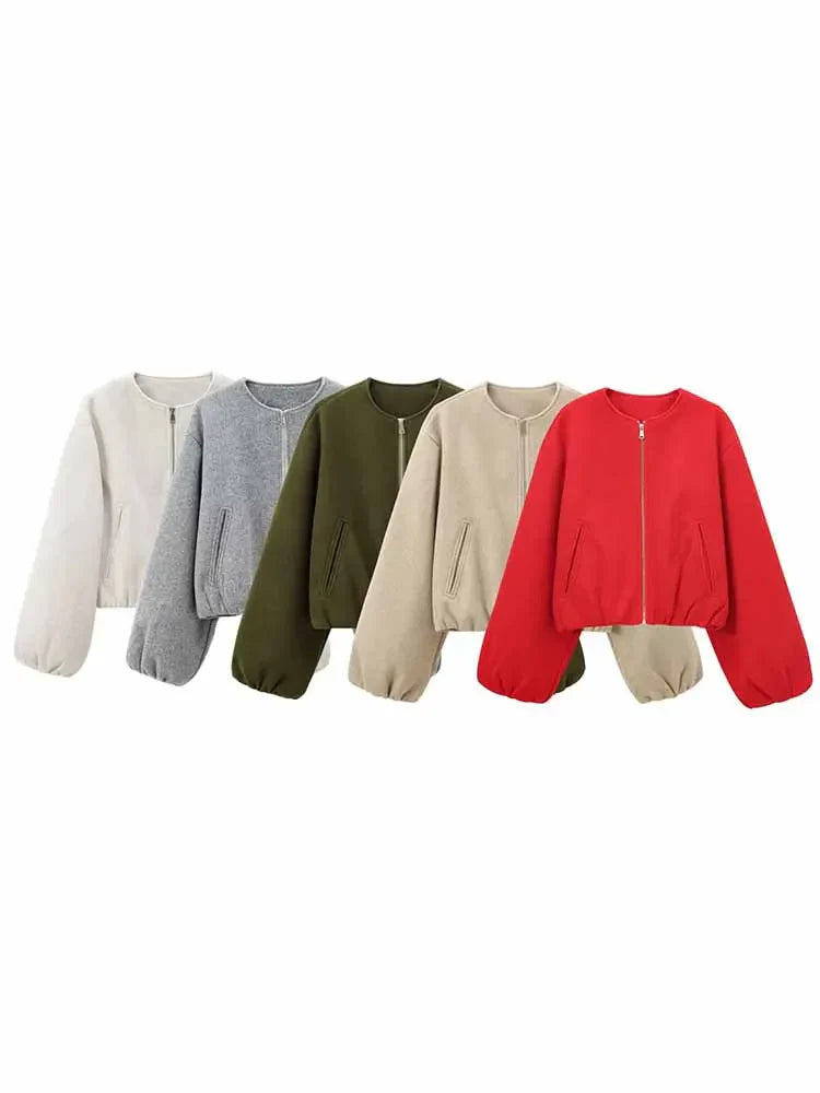 Veste Bomber Fleece à Fermeture Éclair et Coupe Courte pour Femme