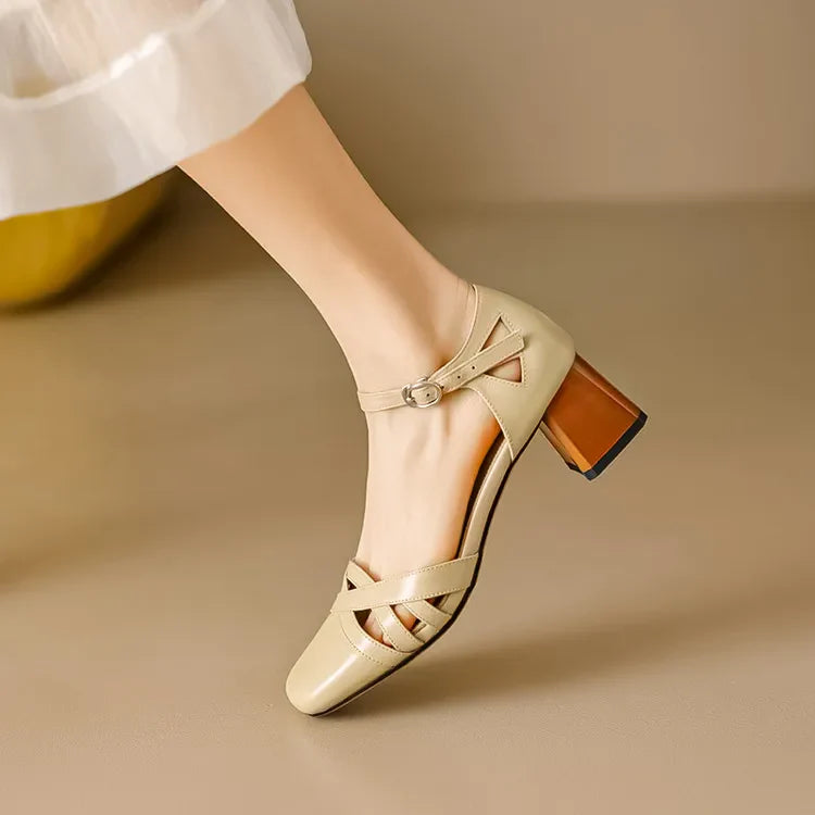 Open Sheepskin Pumps with Block Heel and Square Toe
