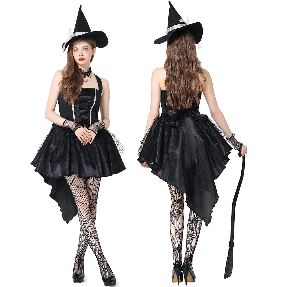 Dámské čarodějnické šaty s kloboukem na Halloween, cosplay, karneval a kostým pro dospělé