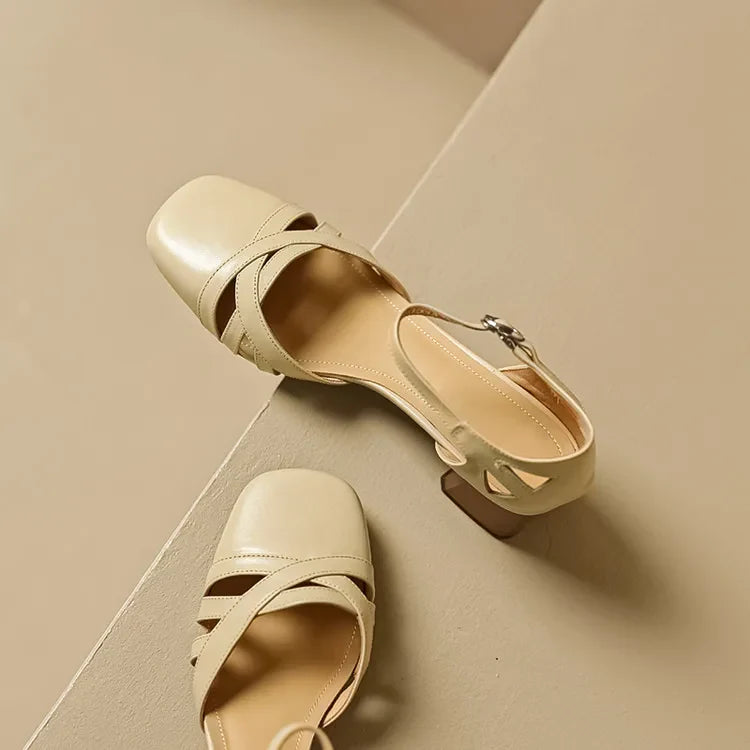 Open Sheepskin Pumps with Block Heel and Square Toe