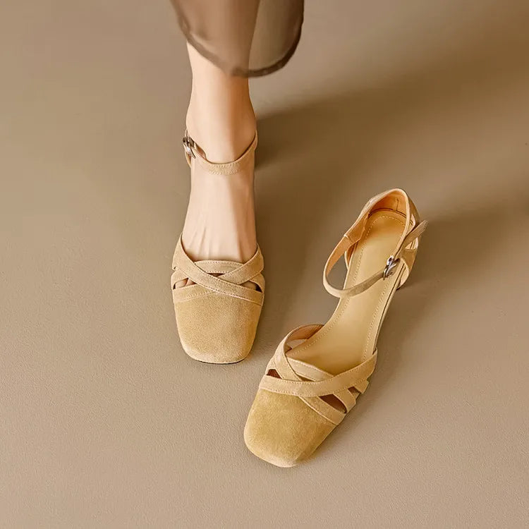 Open Sheepskin Pumps with Block Heel and Square Toe