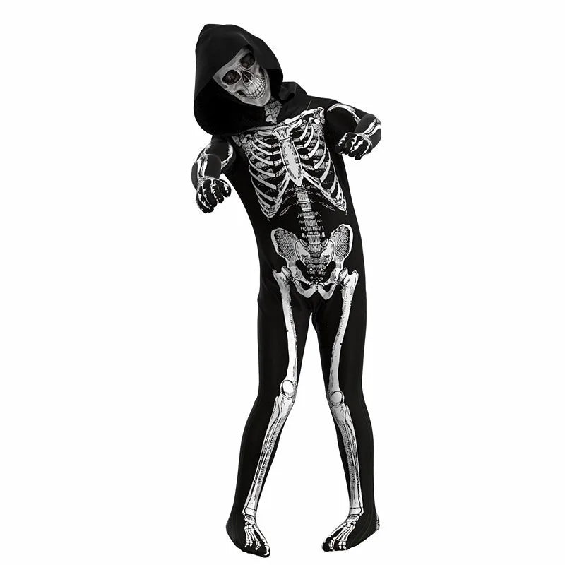 Boy Girl Skeleton Hooded Jumpsuit Halloween Scary Cosplay