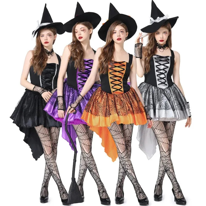 Dámský čarodějnický kostým, šaty s korzetem a kloboukem na Halloween, cosplay a karneval