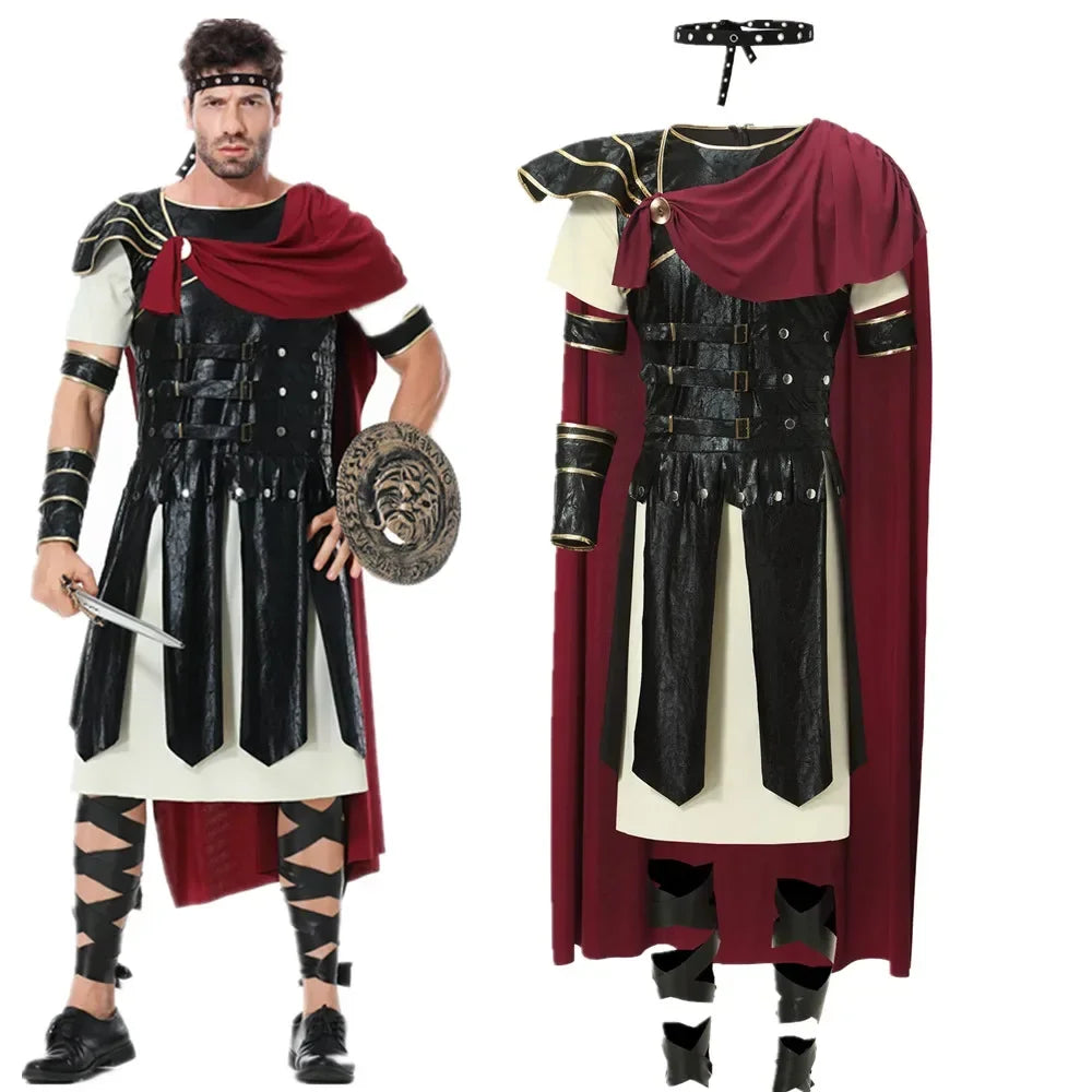 Costum bărbătesc de războinic roman pentru Halloween, cosplay de carnaval, pelerină de gladiator