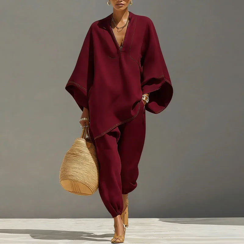 Ensemble pantalon pour femme - haut à encolure en V - vêtement de détente