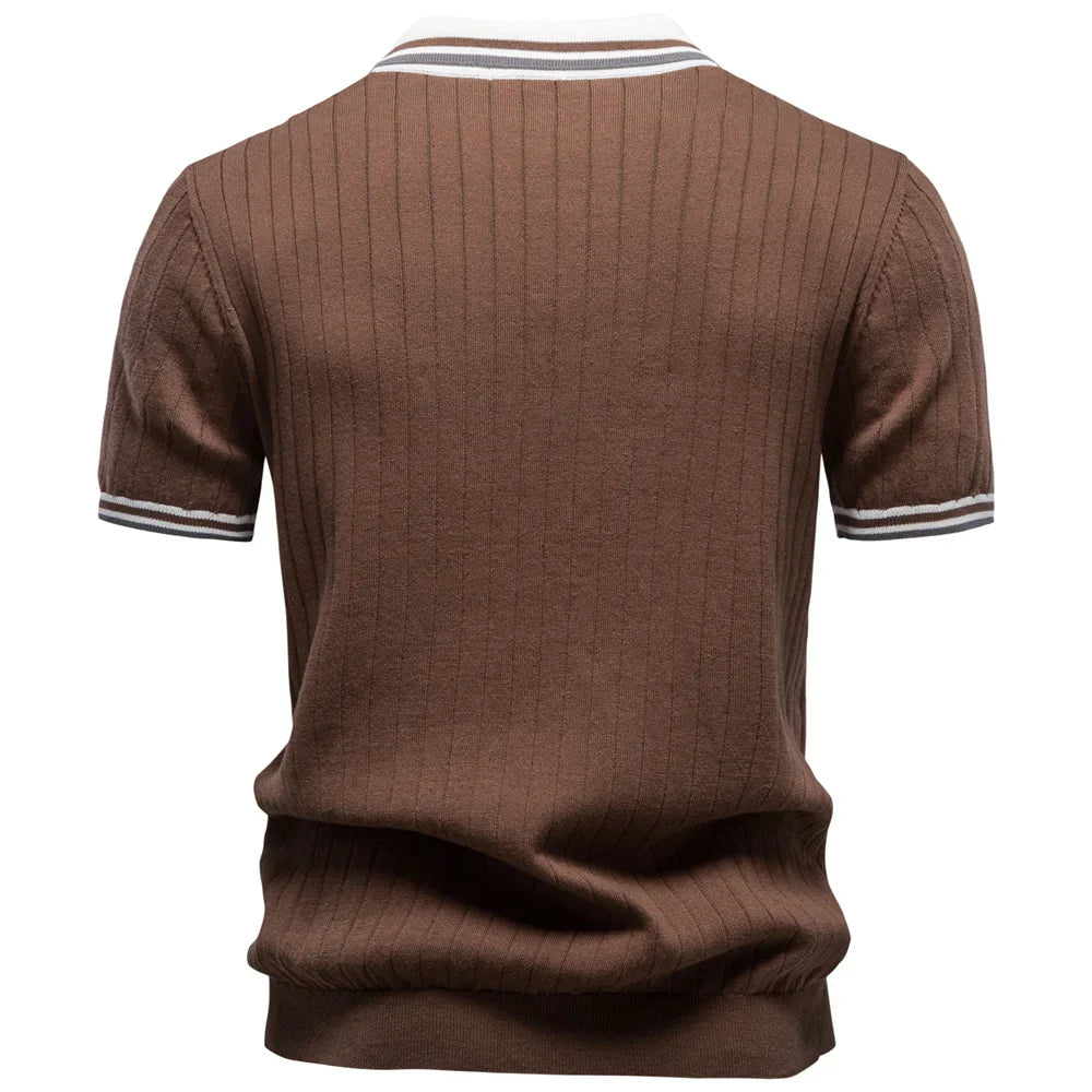 Pánské bavlněné pletené polo tričko — kontrastní límec — retro elegantní styl