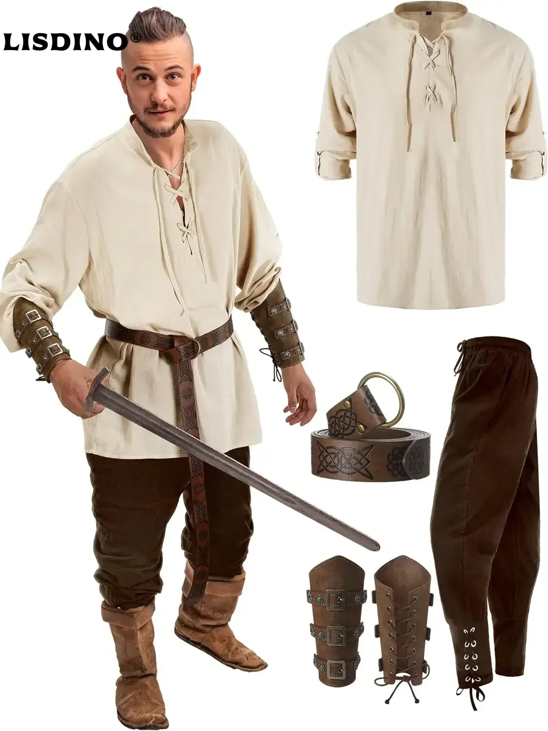 Conjunto masculino medieval de camisa e calça para cosplay de Halloween, com cinto viking