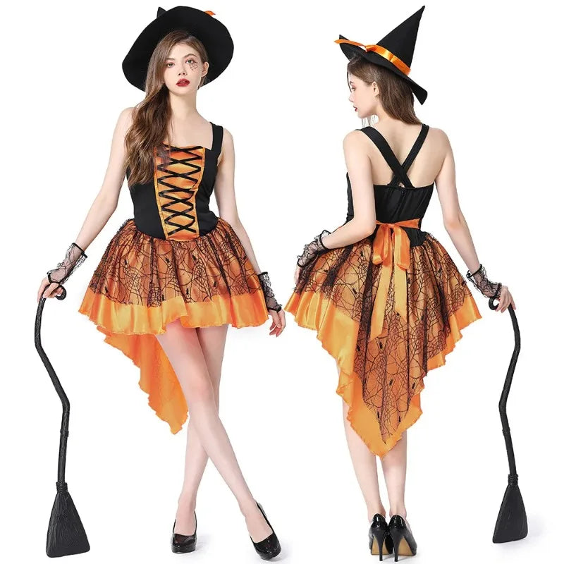 Dámský čarodějnický kostým, šaty s korzetem a kloboukem na Halloween, cosplay a karneval