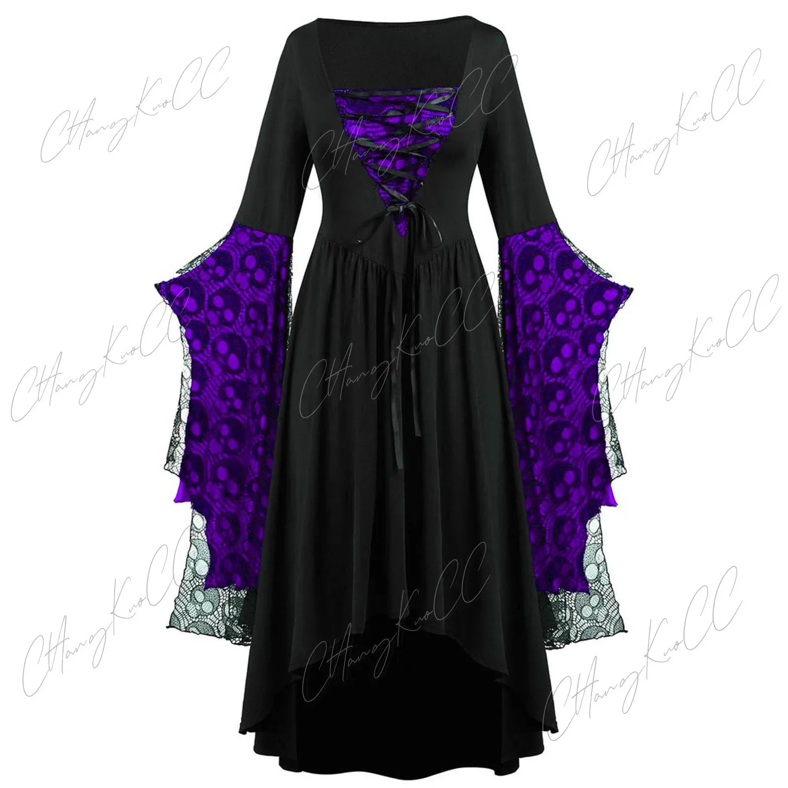 Rochie gotică de vrăjitoare pentru femei, cosplay de Halloween, cu mâneci din dantelă, pentru adulți