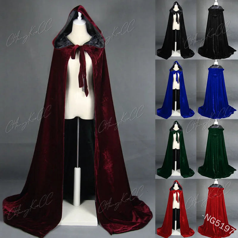 Dlouhý sametový smíšený plášť s kapucí na halloweenový cosplay dospělé čarodějnice
