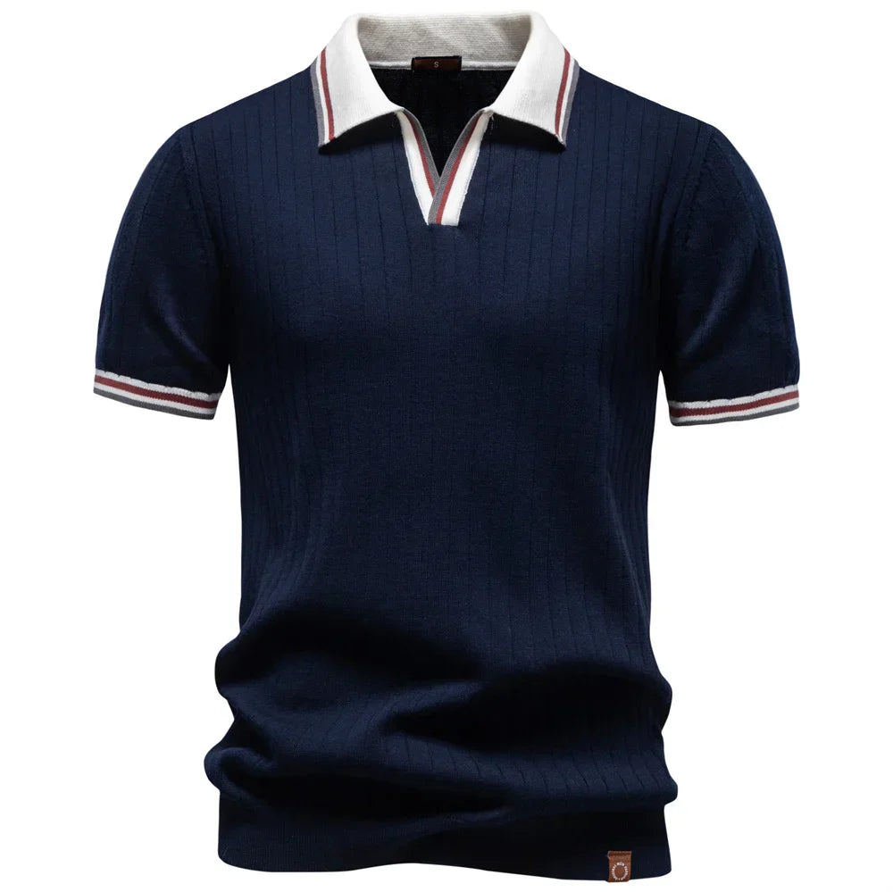 Herrepolo i bomuldstrik — kontrastkrave — retro chic stil