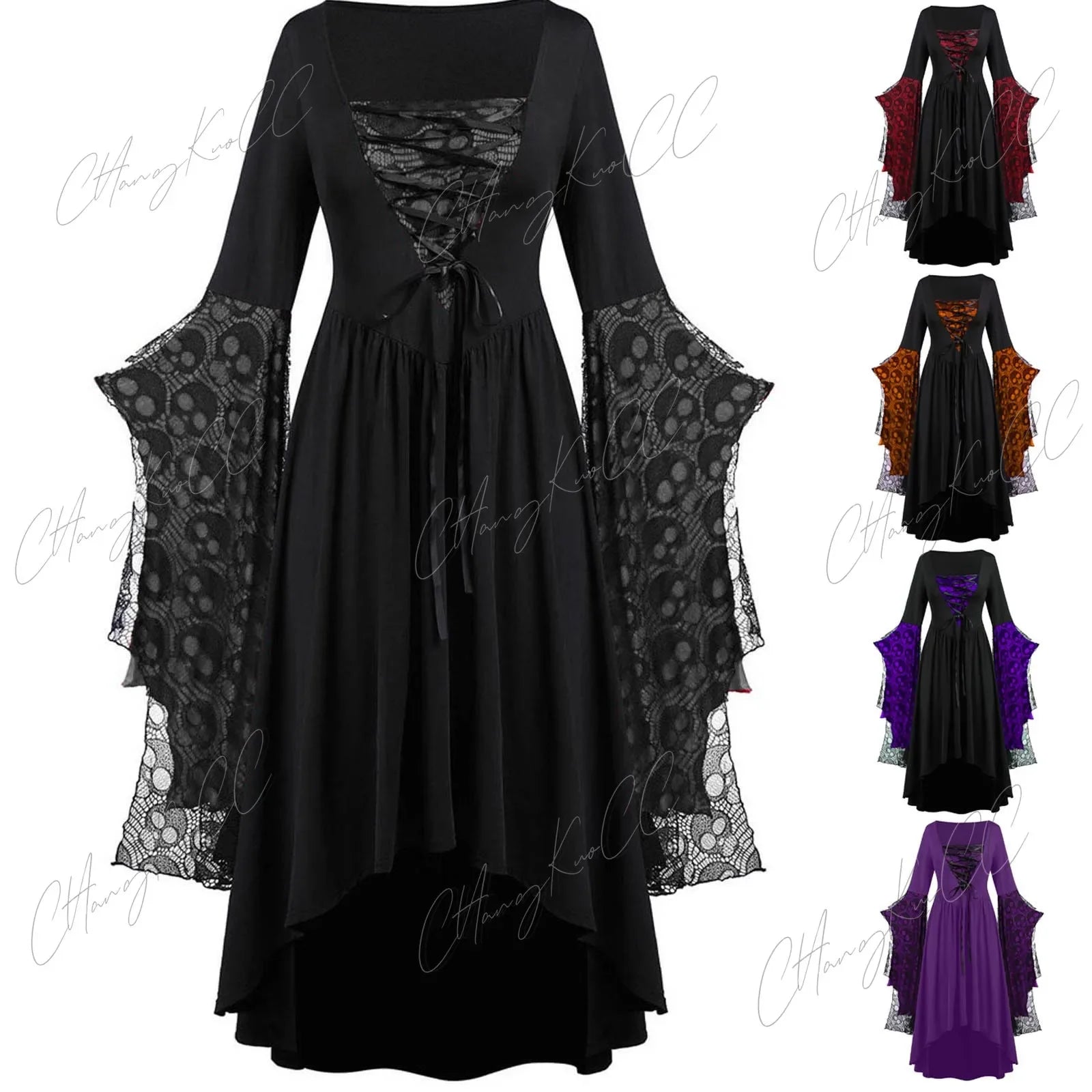 Rochie gotică de vrăjitoare pentru femei, cosplay de Halloween, cu mâneci din dantelă, pentru adulți