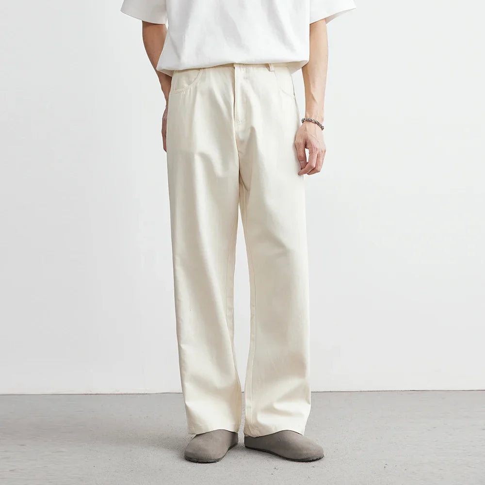 Herrebukser med brede ben, afslappet og stilfuldt design, twill i bomuld, flad front og lynlåslukning
