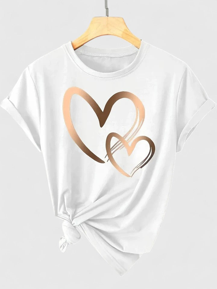 Short Sleeve T-shirt with Heart Print and Round Neck for Women Relaxed Fit