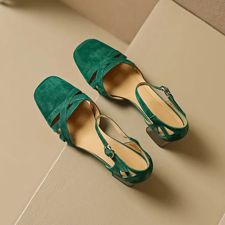 Open Sheepskin Pumps with Block Heel and Square Toe
