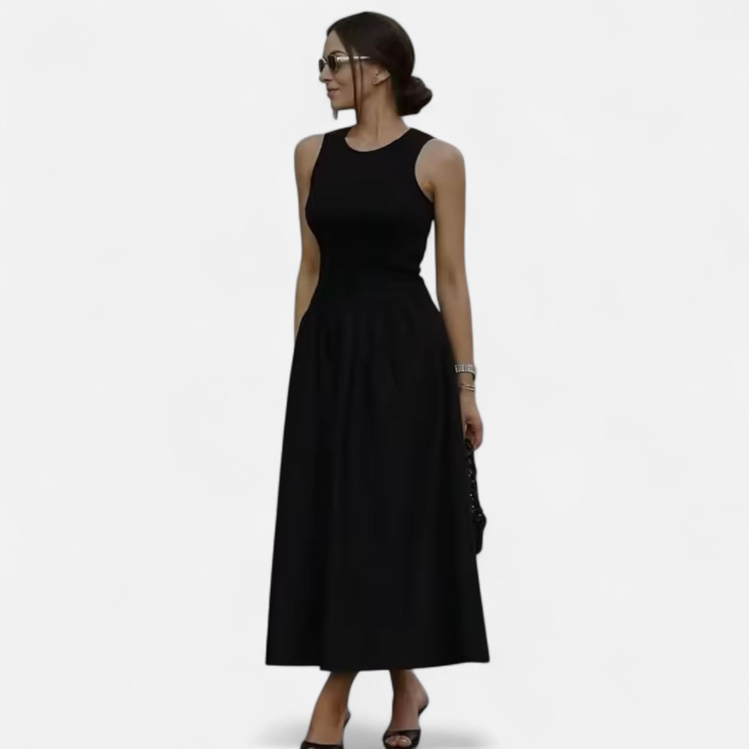 Robe Longue Évasée Sans Manches à Col Rond pour Femme en Fibre Synthétique