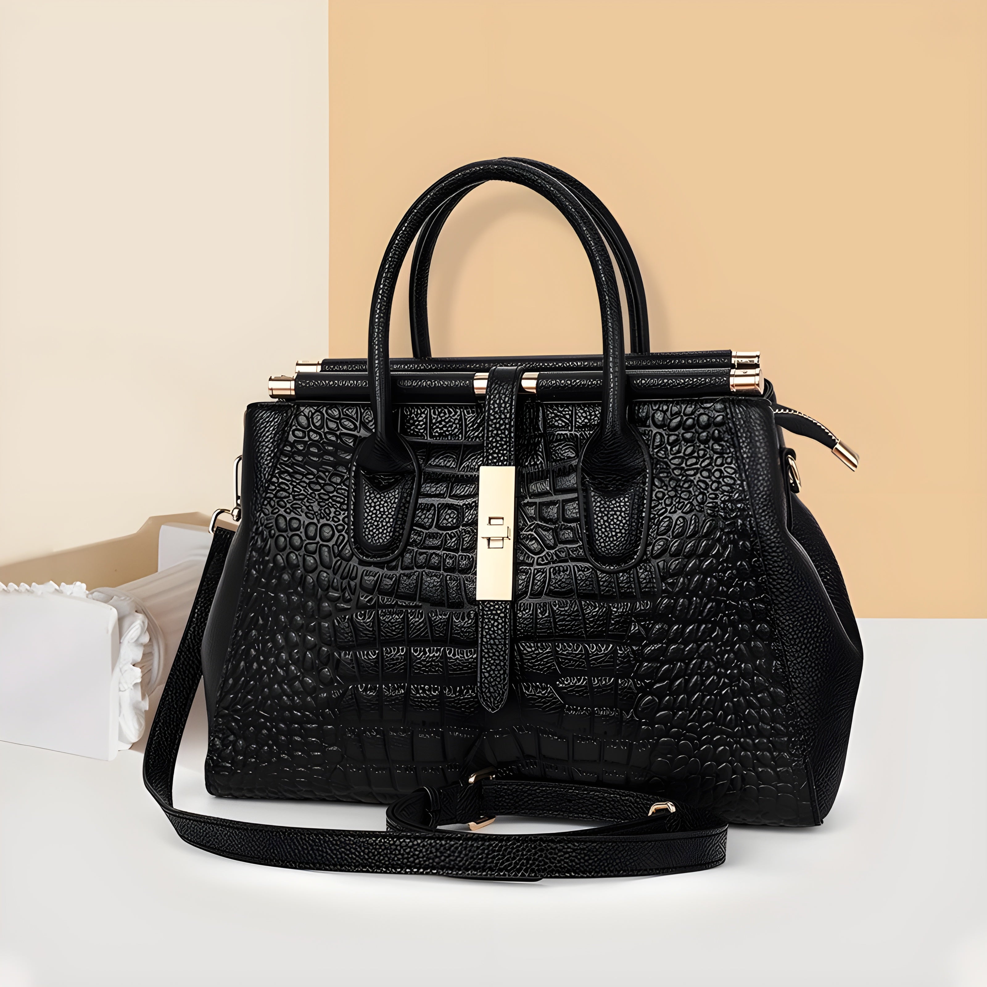 Sac à Main en Cuir Véritable pour Femme avec Motif Crocodile et Grande Capacité