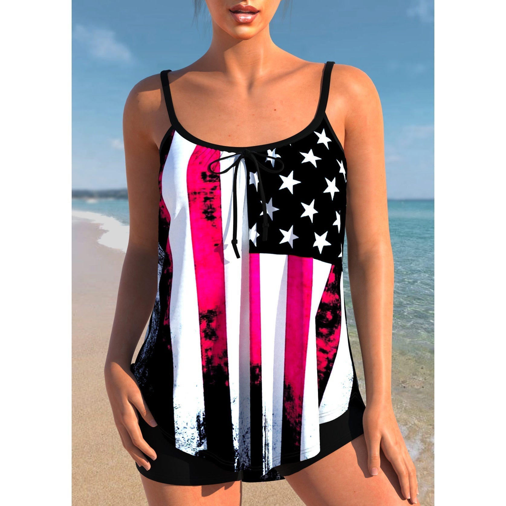 Maillot de Bain Tankini Taille Haute avec Haut Évasé et Short de Natation