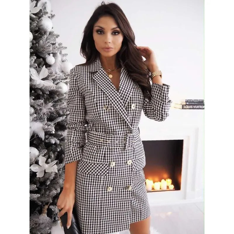 Robe Blazer à Carreaux avec Double Boutonnage et Ceinture pour Femme
