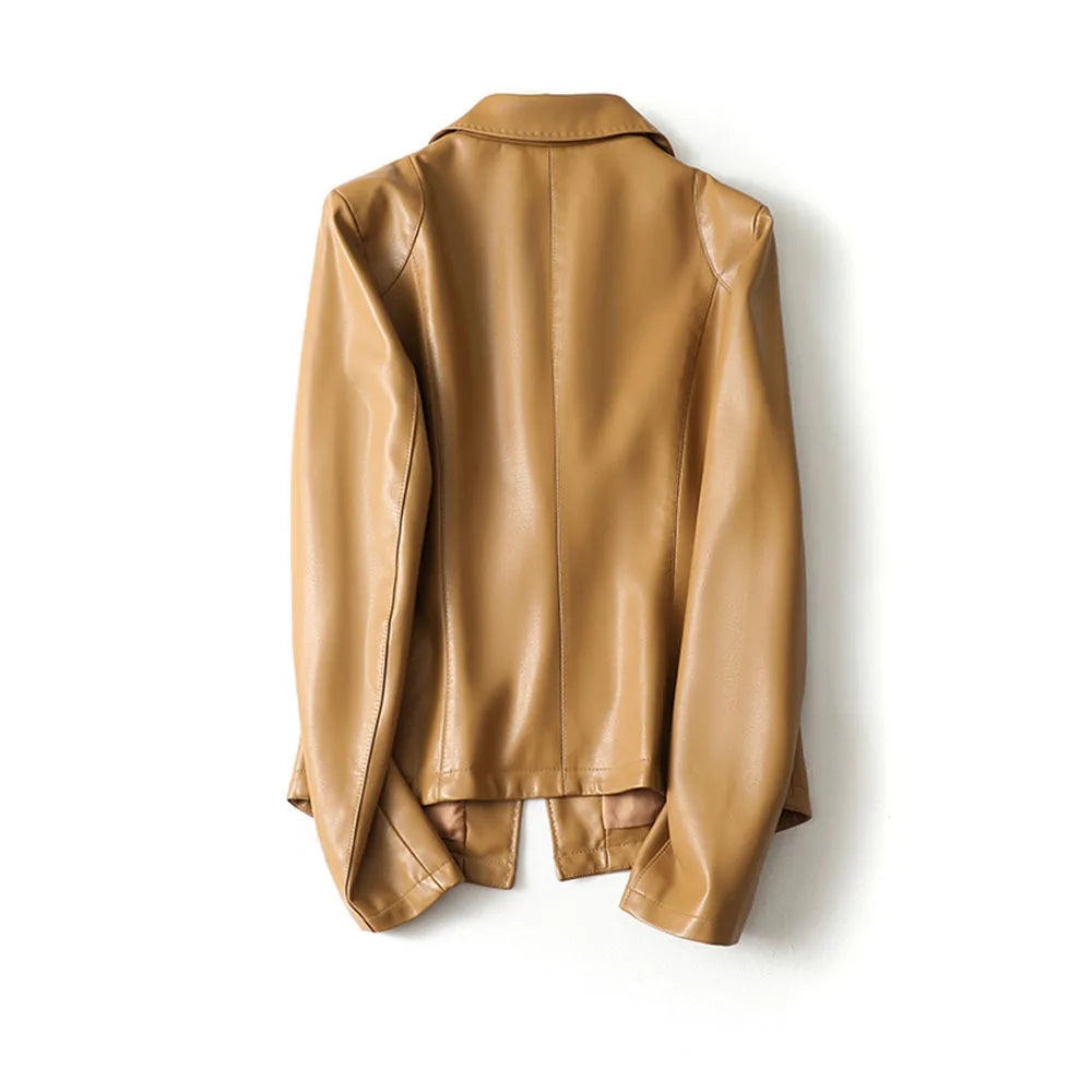Women's Office Leather Blazer Faux Leather Classic Lapels Button Closure Pockets