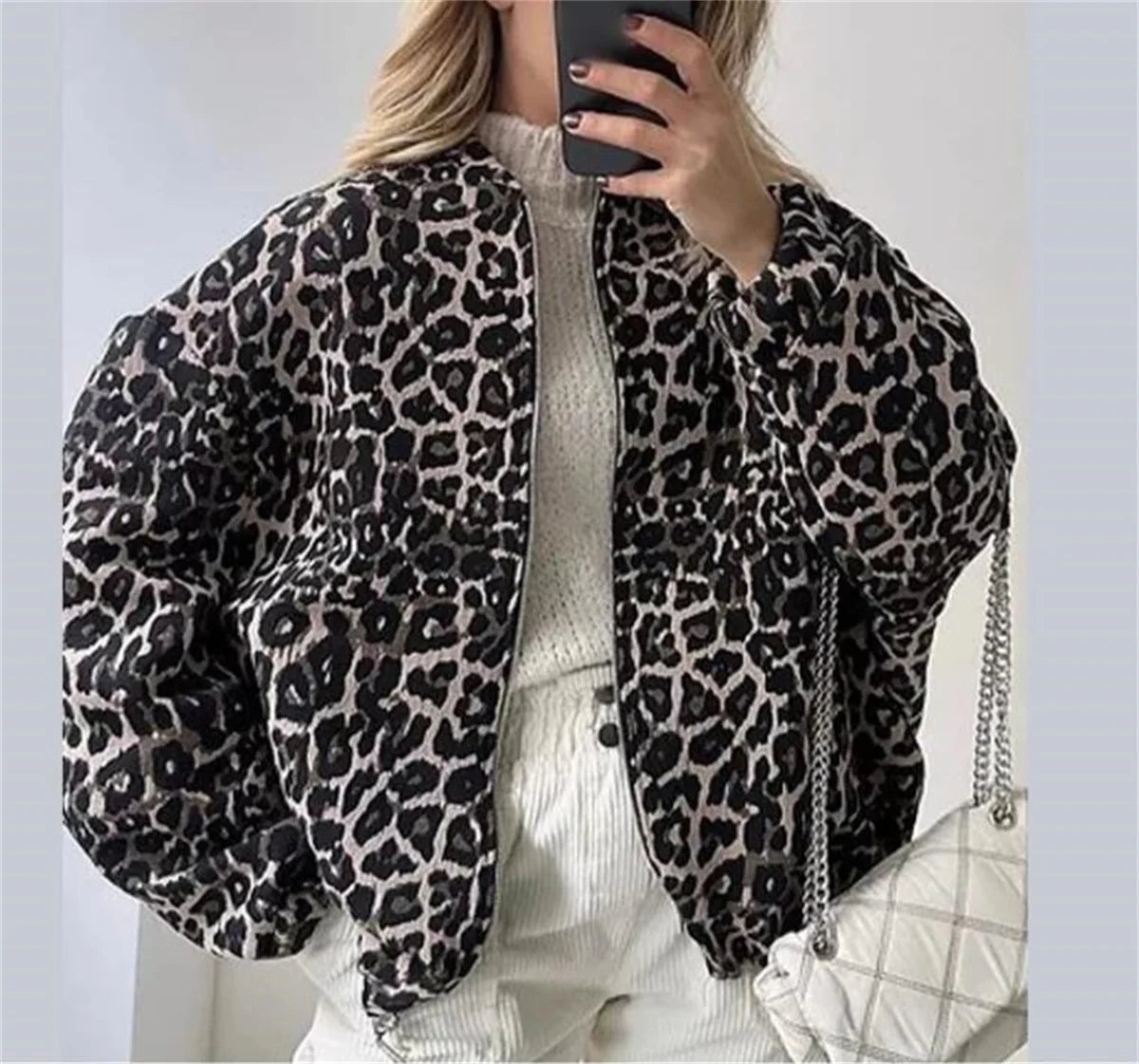 Bomber bunda s leopardím potiskem a zipem pro ženy