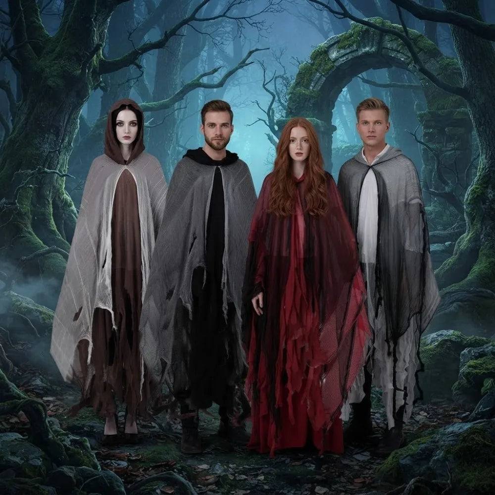 Pelerină mixtă fantomă zdrențuită pentru Halloween, cosplay, cu glugă, costum de groază