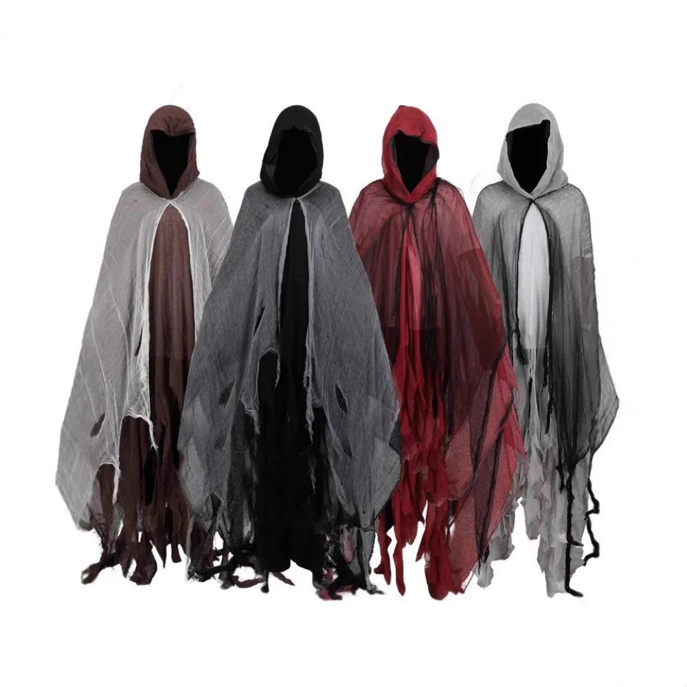 Pelerină mixtă fantomă zdrențuită pentru Halloween, cosplay, cu glugă, costum de groază