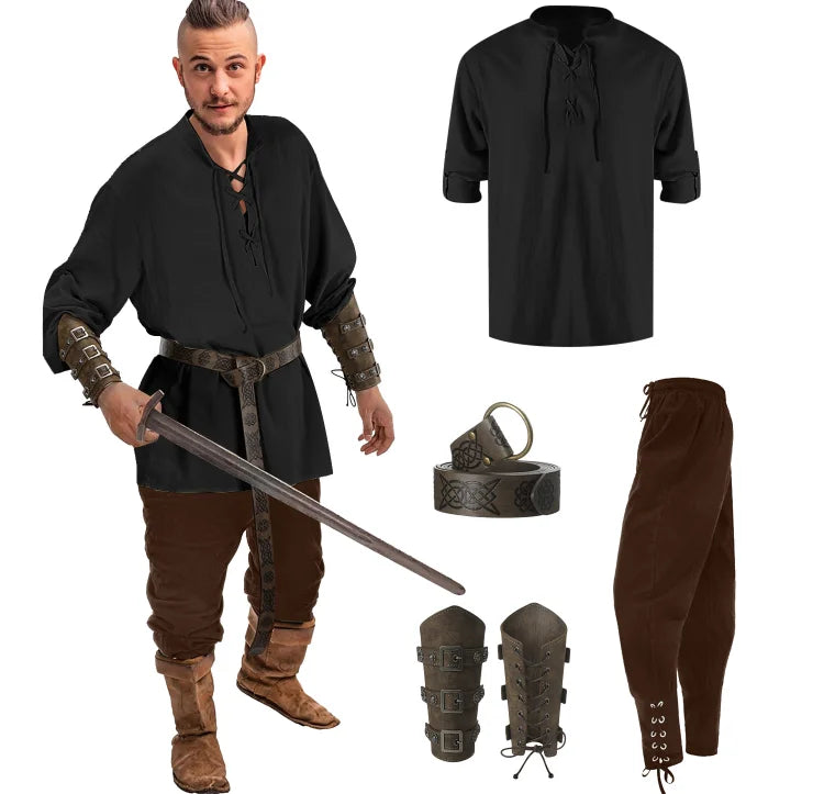 Conjunto masculino medieval de camisa e calça para cosplay de Halloween, com cinto viking